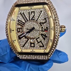 45mm Gold Plated VVS CZ Watch Black Leather Band Mechanical Large Case.